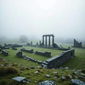 Ancient Ruins in Foggy Valley