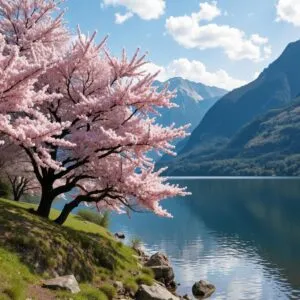 Cherry Blossom Trees by Mountain Lake