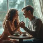 Couple Sharing Coffee on Rainy Morning