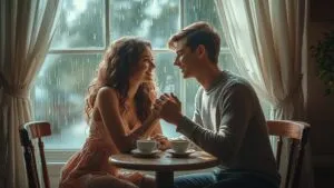 Couple Sharing Coffee on Rainy Morning