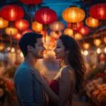 Couple Under Lanterns at Night Market