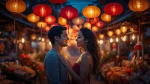 Couple Under Lanterns at Night Market