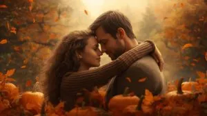 Cozy Pumpkin Couple by the Fireplace