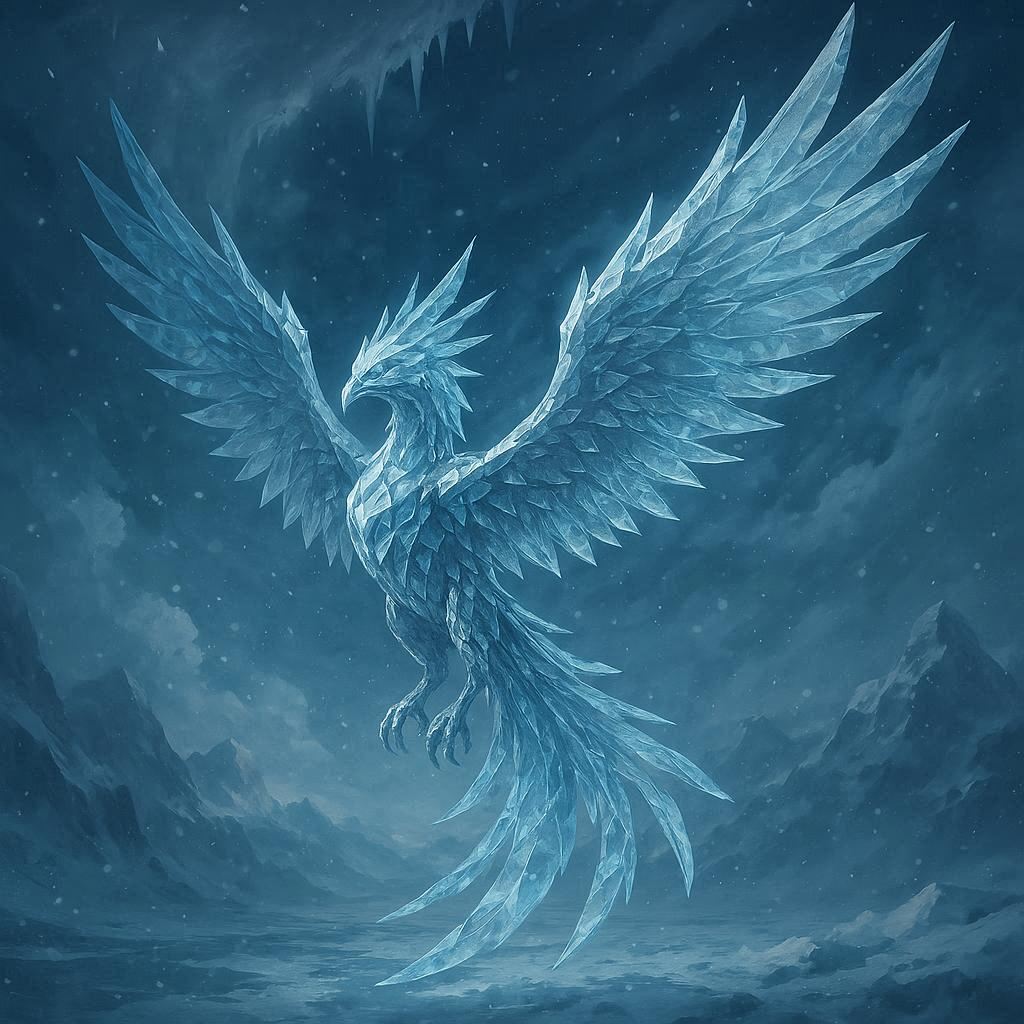 crystalline phoenix in the frozen sky wallpaper, fantasy, crystal wings, fantasy, fantasy firebird, frozen sky, mythical, mythical-beasts, phoenix, desktop, mobile, background