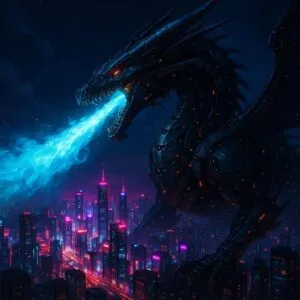Cyber Dragon Breathing Plasma Flames Over Neon Cities