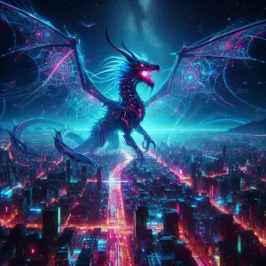 Cyber Dragon in Neon Night Sky