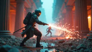 Cyber Monk in Neon Temple