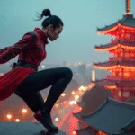 Cyber Ninja Leaping Through Neon Rain