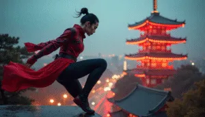 Cyber Ninja Leaping Through Neon Rain