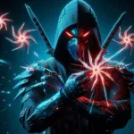Cyber Ninja Throwing Neon Shurikens
