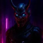 Cyber Oni Rising in Neon Shadows