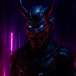 Cyber Oni Rising in Neon Shadows