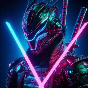 Cyber Samurai Wearing Neon Armor