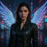 Cyberpunk Girl with Holographic Wings