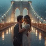 Embrace on Rain-Soaked Bridge