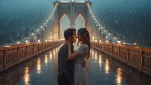 Embrace on Rain-Soaked Bridge