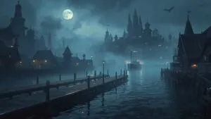 Forgotten Docks Under Moonlit Fog