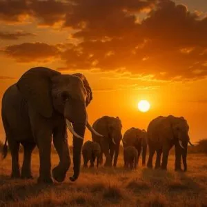 Herd of Elephants at Sunset