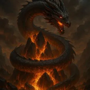 Infernal Dragon Coiling Around Molten Prism Peaks