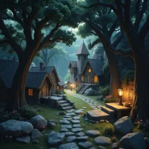 Lakeside Fantasy Town at Sunset