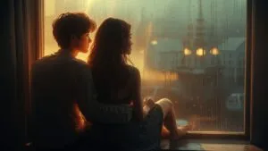 Lovers Sitting by Window in Rain