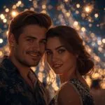 Lovers Smiling Under String Lights