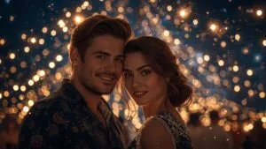 Lovers Smiling Under String Lights