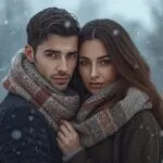 Lovers Wrapped in Scarf in Cold Winter