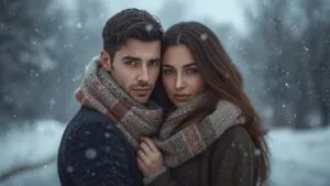 Lovers Wrapped in Scarf in Cold Winter