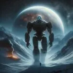 Moon Titan Walking Through Starlit Frozen Mountains