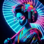 Neon Geisha with Holographic Umbrella