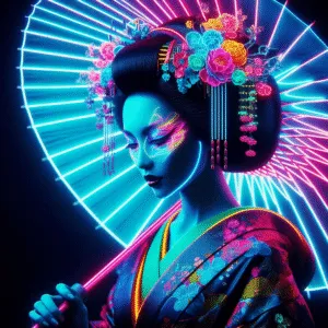 Neon Geisha with Holographic Umbrella