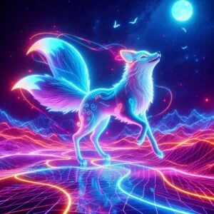 Neon Kitsune Dancing Across Quantum Neon Plains