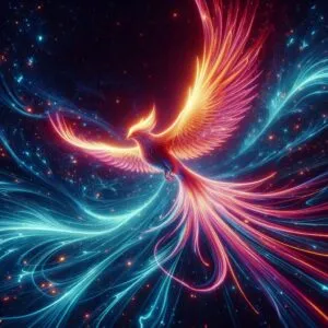 Neon Phoenix Soaring Above Quantum Starfields