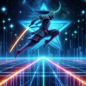 Neon Samurai Leaping Across Holographic Star Bridges
