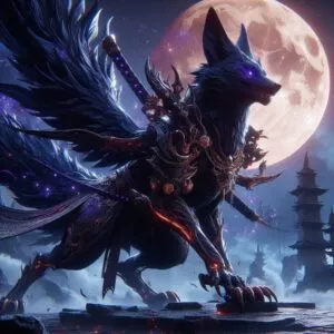 Obsidian Kitsune Guarding Blood Moon Temples