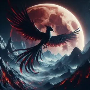 Obsidian Phoenix Hovering Over Blood Moon Mountains