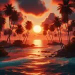 Ocean Sunset Behind Palm Trees