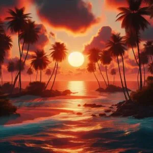 Ocean Sunset Behind Palm Trees