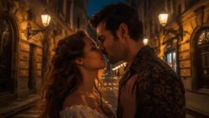 Romantic Kiss in Old City Street