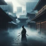 Silent Samurai in Foggy Courtyard