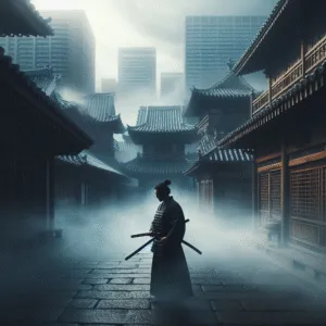 Silent Samurai in Foggy Courtyard