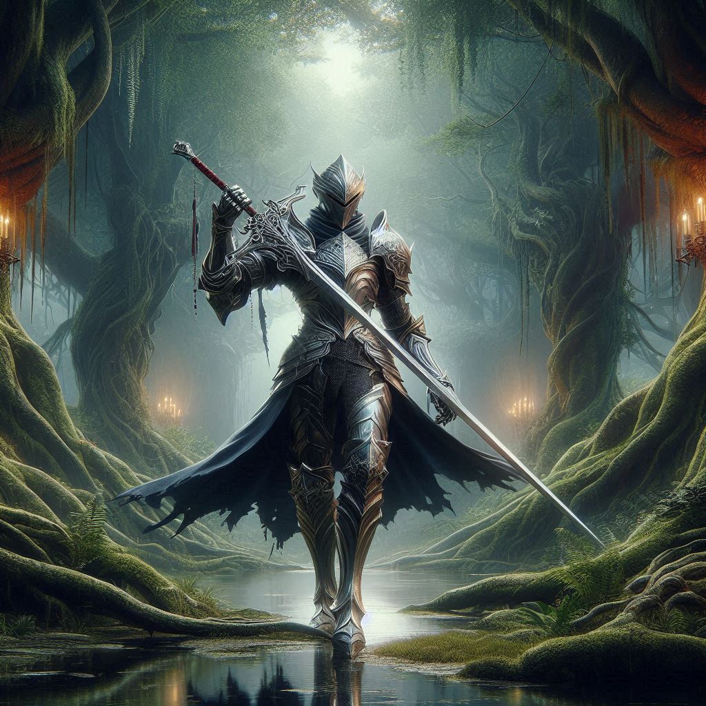 silverblade knight at the moonlit clearing wallpaper, fantasy, anime adventure, heroic warrior, magic forest, moonlit clearing, silverblade knight, desktop, mobile, background