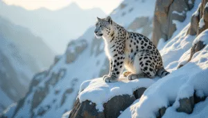 Snow Leopard on Rocky Cliff