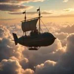 Steampunk Airship Sailing Through Clouds