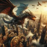 Steampunk Dragon Flying Over Gear City