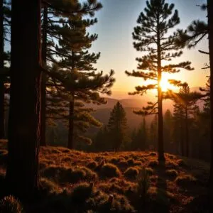 Sunrise Through Pine Forest