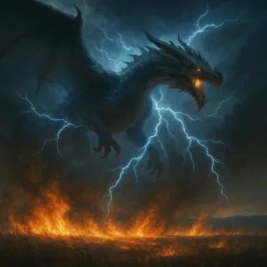 Thunder Dragon Above Burning Fields