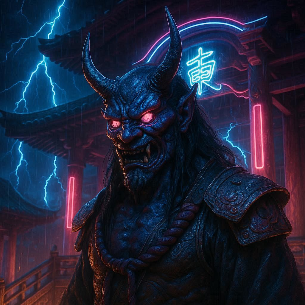 thunder oni of the neon temple wallpaper, manga, anime futuristic, cyber demon, japanese folklore, manga, neon temple, thunder oni, desktop, mobile, background