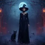 Witch and Black Cat by the Fire